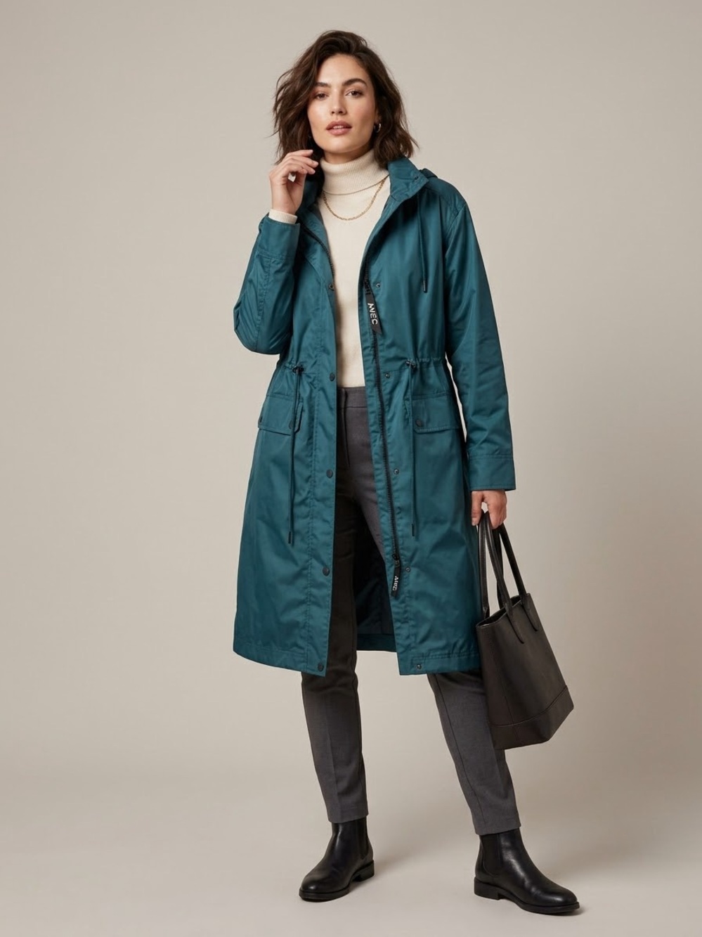 Avec Les Filles Teal Blue Green Water Resistant Trench Coat Long Rain Jacket SM